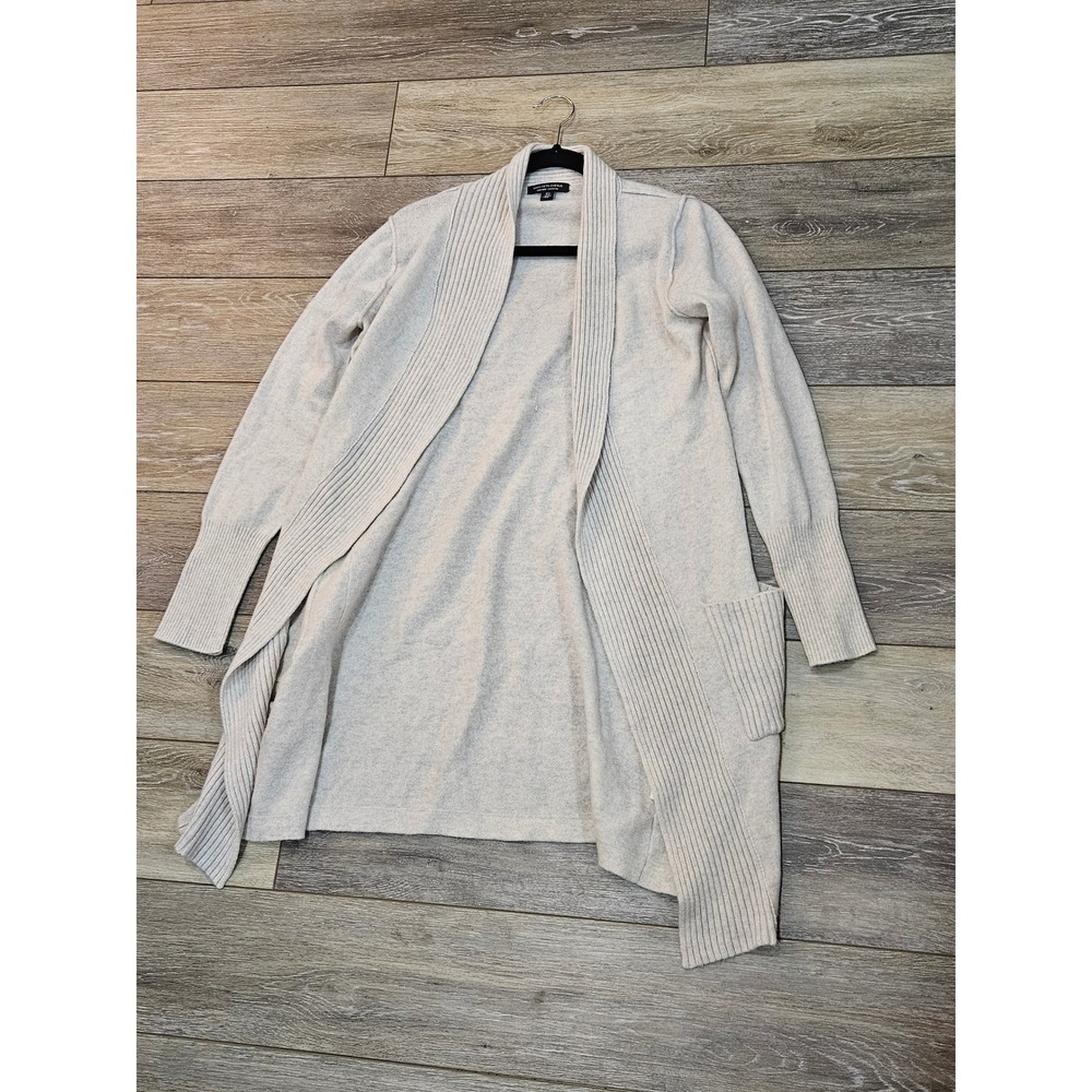 Saks Fifth Avenue 100% Cashmere Long Open Front Cardigan Oatmeal Grey Small
